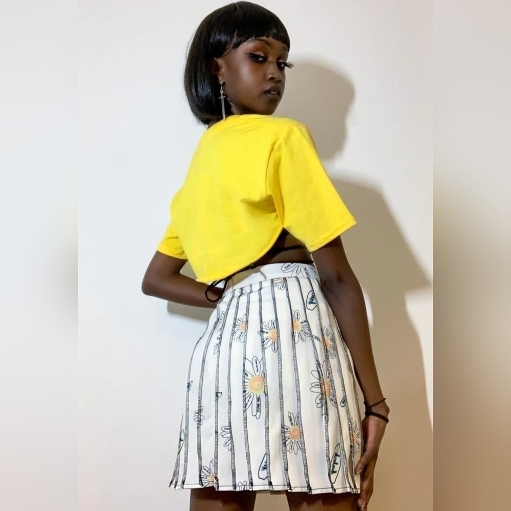 Goodbye Bread Oopsie Daisy Graphic Floral Printed Pleated High Waist Mini Skirt - Picture 3 of 13